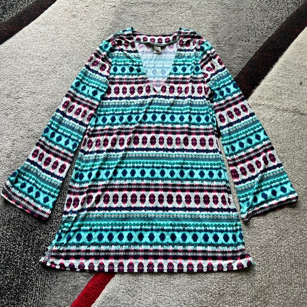 La Blanca Ikat Print V Neck Long Sleeve Blouse